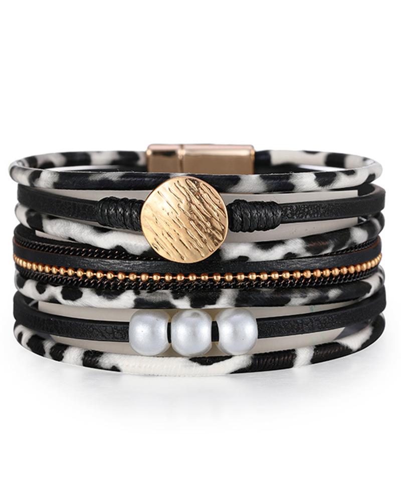 

1pc Pearls Decor Leopard Bohemian Multi-layer Wide Magnetic Bracelet, Black