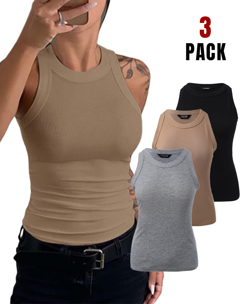 

3-Pack Knit Round Neck Thick Strap Racerback Tank Tops, Style10