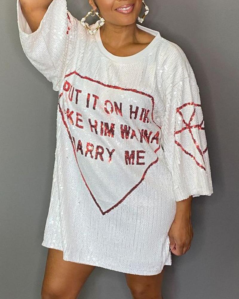 

Graphic Letter Pattern Sequin Dress, White