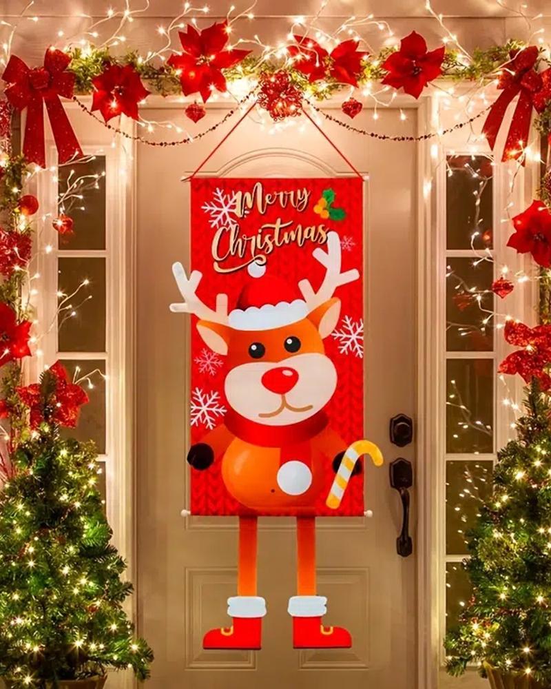 

1pc Christmas Tree Door Ornament Elk Hanging Flag Decoration, Red
