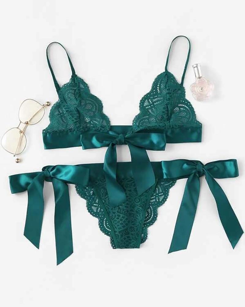 

Satin Tied Detail Crochet Lace Lingerie Set, Green
