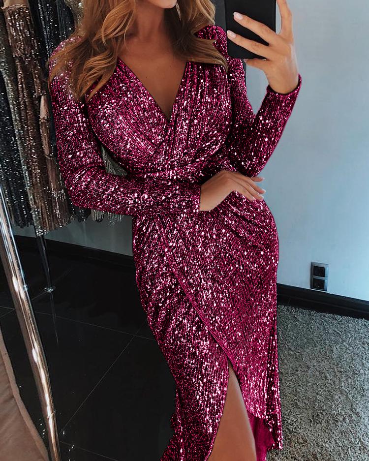 

Wrap Ruched Irregular Sequin Party Dresses, Wine red