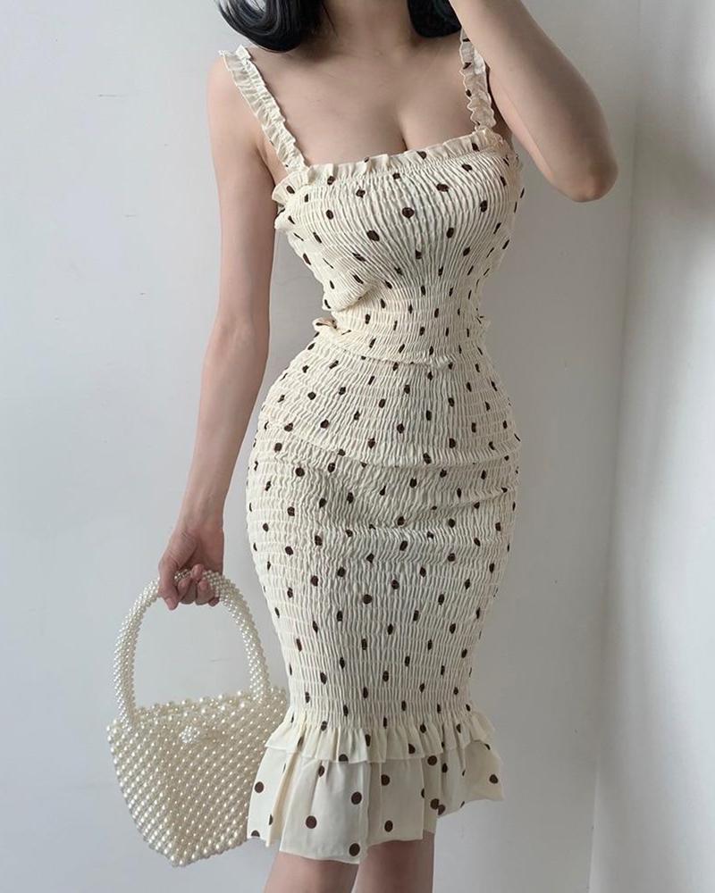 

Spaghetti Strap Polkadot Print Shirred Mermaid Dress, Beige