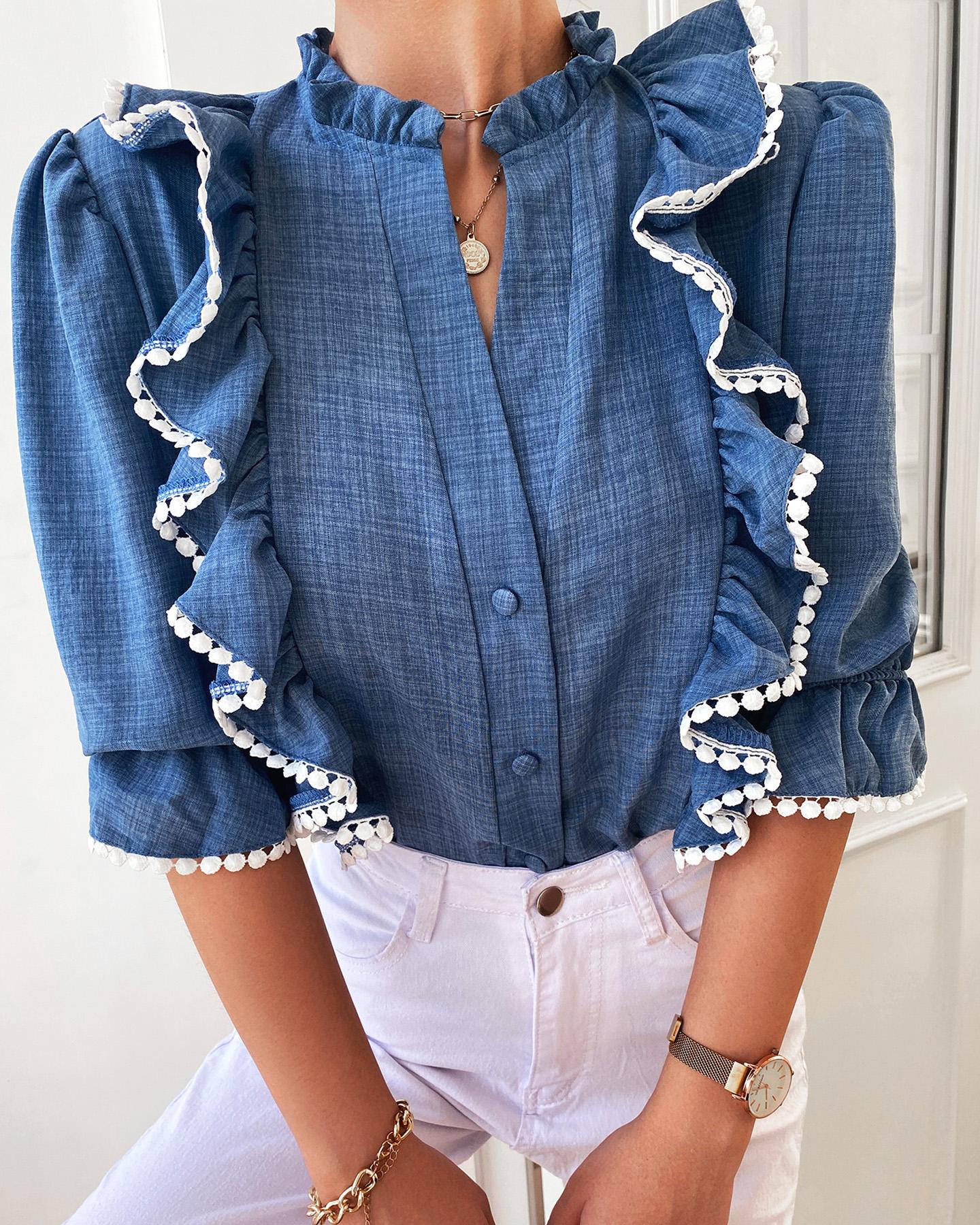 

Pom Pom Frill Hem Neck Ruffles Casual Blouse, Dark blue