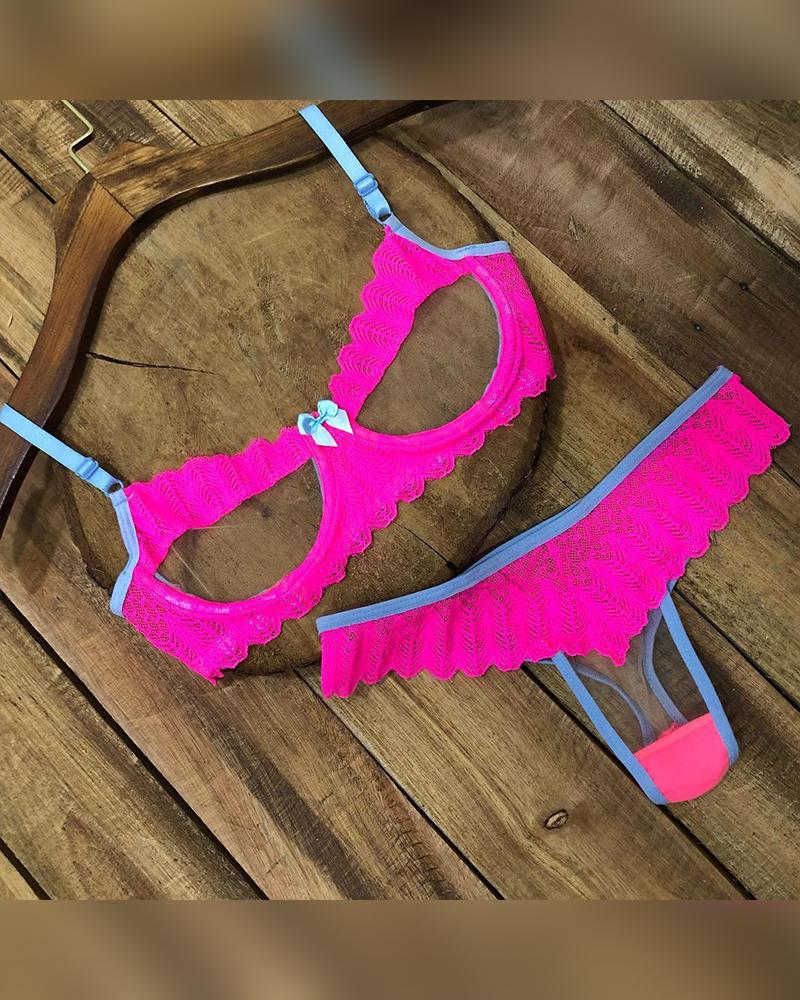 

Contrast Mesh Lace Lingerie Set, Pink