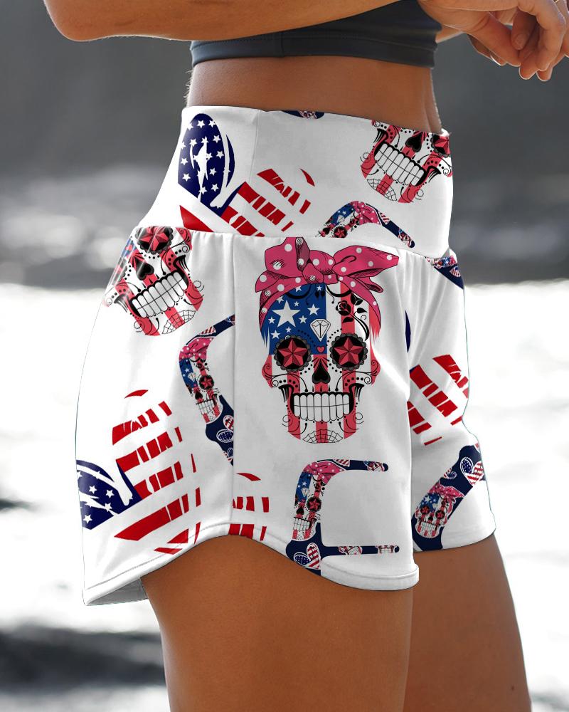 

Skull Flag Print High Waist Active Shorts, White