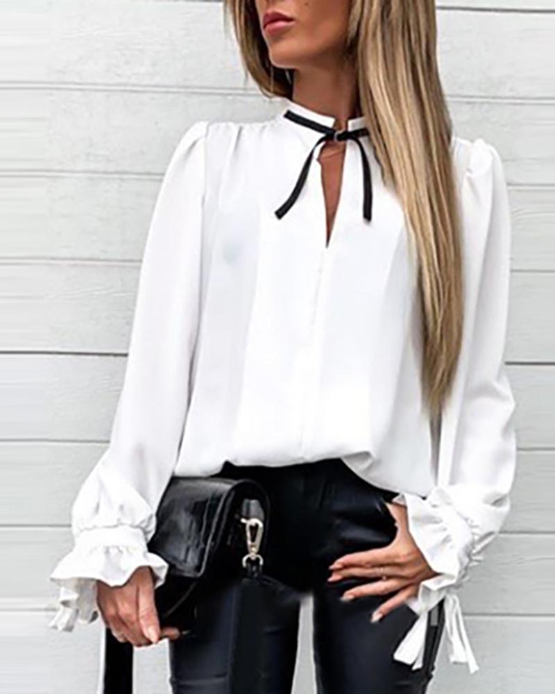 

Puff Bell Sleeve Tie Neck Shirt, White