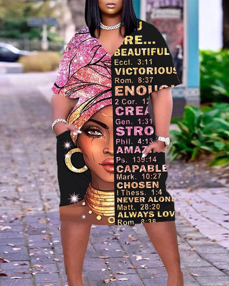 

Plus Size Figure Print Pocket Detail Casual Dress, Pink