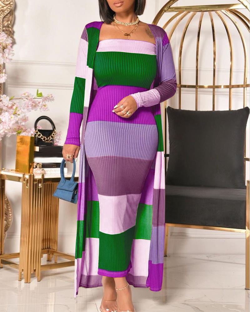 

Ribbed Striped Print Colorblock Dress With Longline Cardigan, Purple