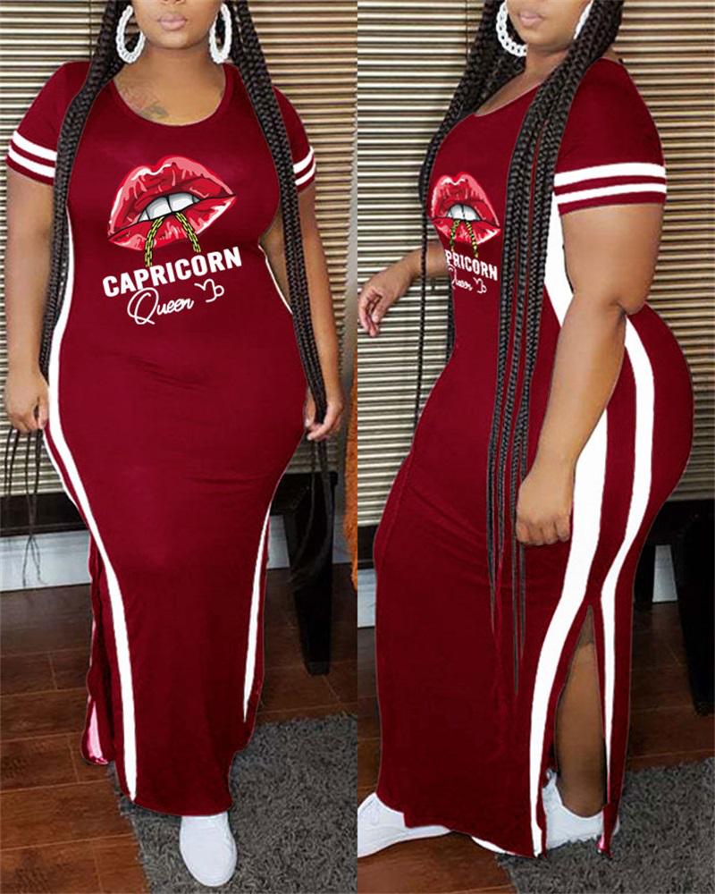 

Plus Size Lip Letter Print Split Hem Maxi Dress, Wine red