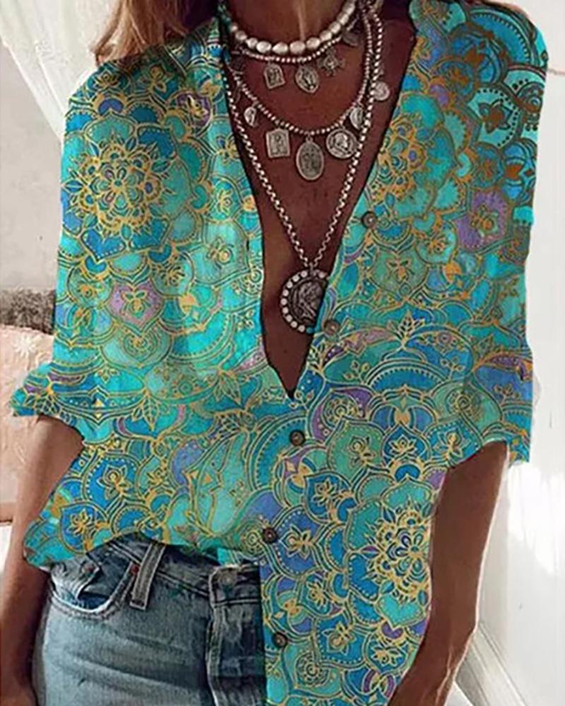 

Floral Pattern Print Button Design Shirt, Green
