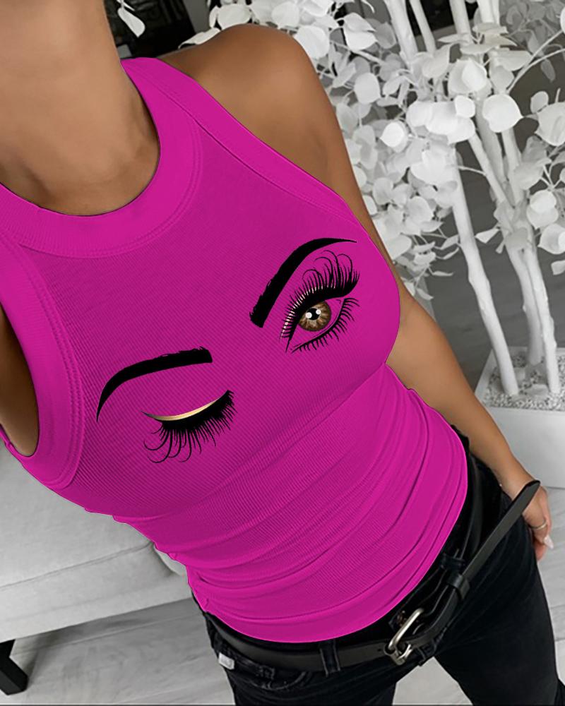 

Camiseta sin mangas casual con estampado de pestañas, Hot pink