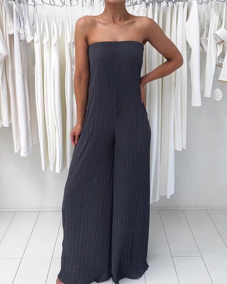 

Sexy Solid Pleated Strapless Wide Leg Jumpsuit, Dark grey