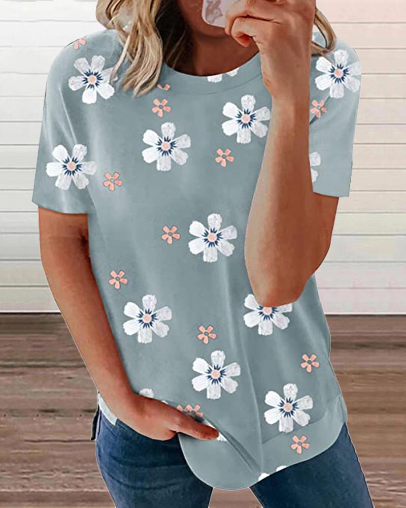 

Floral Print Round Neck Short Sleeve T-Shirt, Gray
