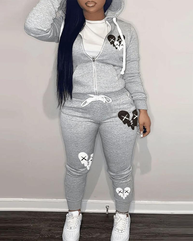 

Heart Print Long Sleeve Zip Up Top & Pants Set, Gray