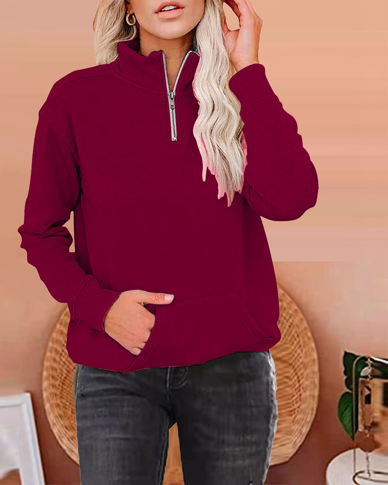 

Long Sleeve Pocket Zipper Front Sweatshirt, Wine red