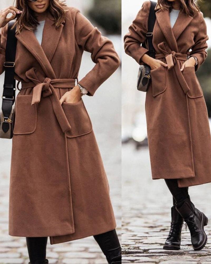 

Long Sleeve Pocket Detail Belted Overcoat, Brown