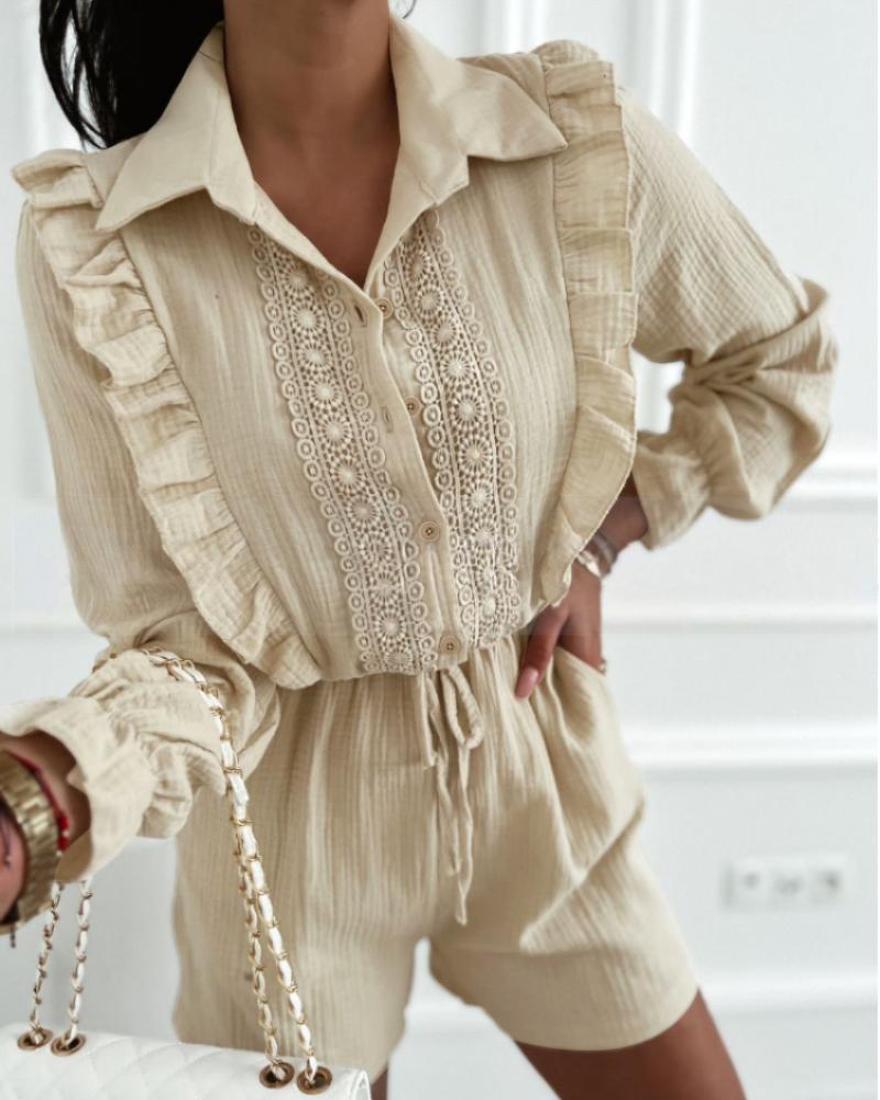 

Contrast Lace Turn-down Collar Long Sleeve Romper Frill Hem Drawstring Jumpsuit, Apricot