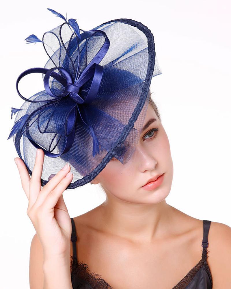 

Bowknot Fascinator Hat Feather Sheer Mesh Headband Bridal Wedding Cocktail Tea Party Headwear, Purplish blue