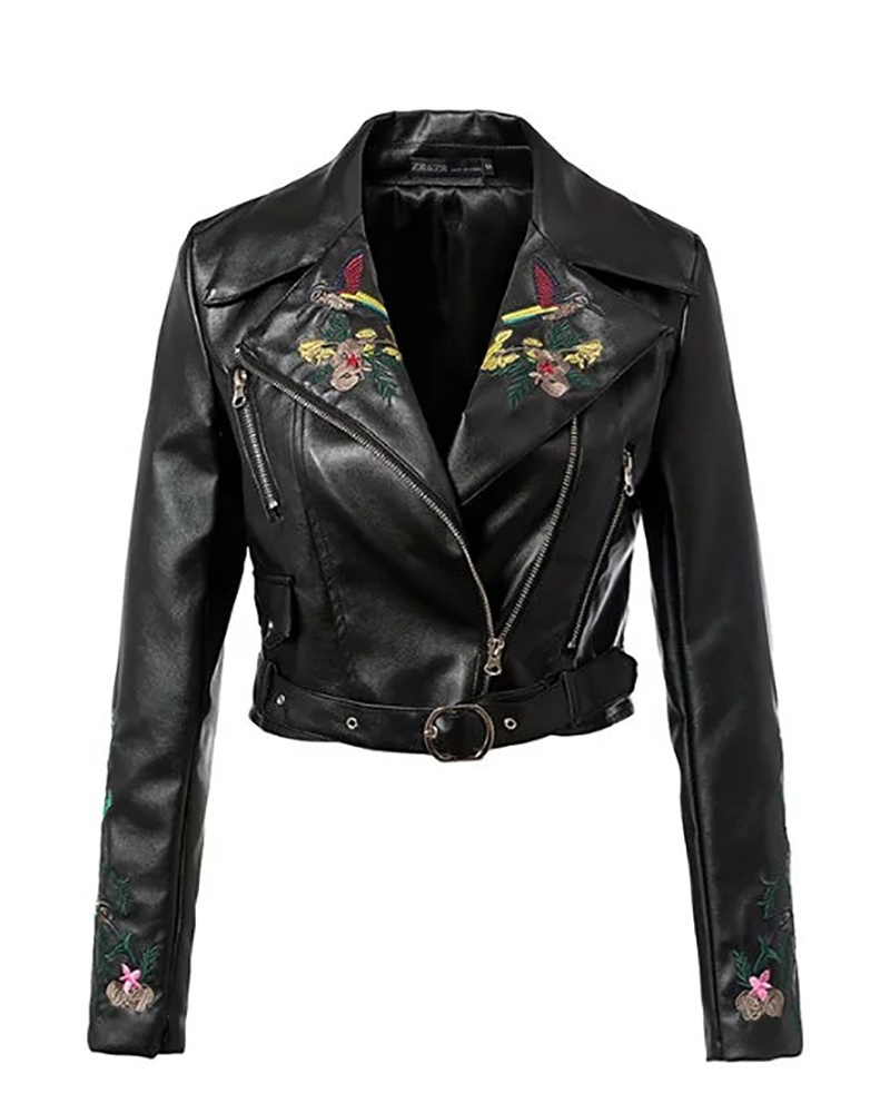 

PU Leather Bird Floral Embroidery Zipper Design Jacket, Black