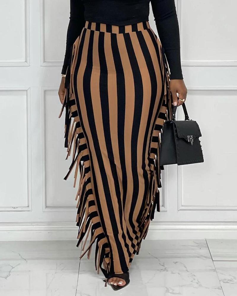 

High Waist Striped Print Tassel Design Maxi Skirt, Brown