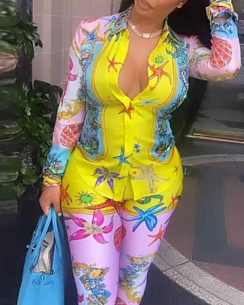 

Graphic Print Long Sleeve & High Waist Pants Set, Yellow