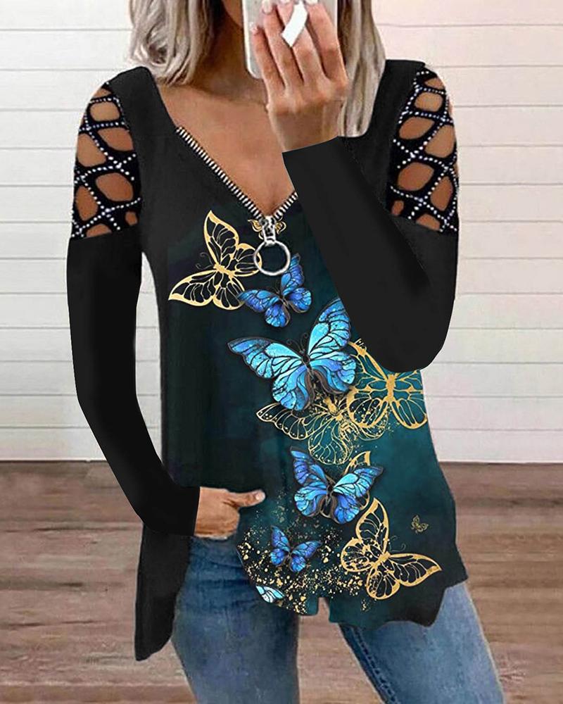 

Butterfly Print Zip Front Rhinestone Cutout Sleeve Top, Black