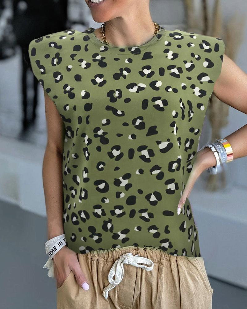 

Leopard Print Splicing Shoulder Pad Sleeveless T-shirt, Green