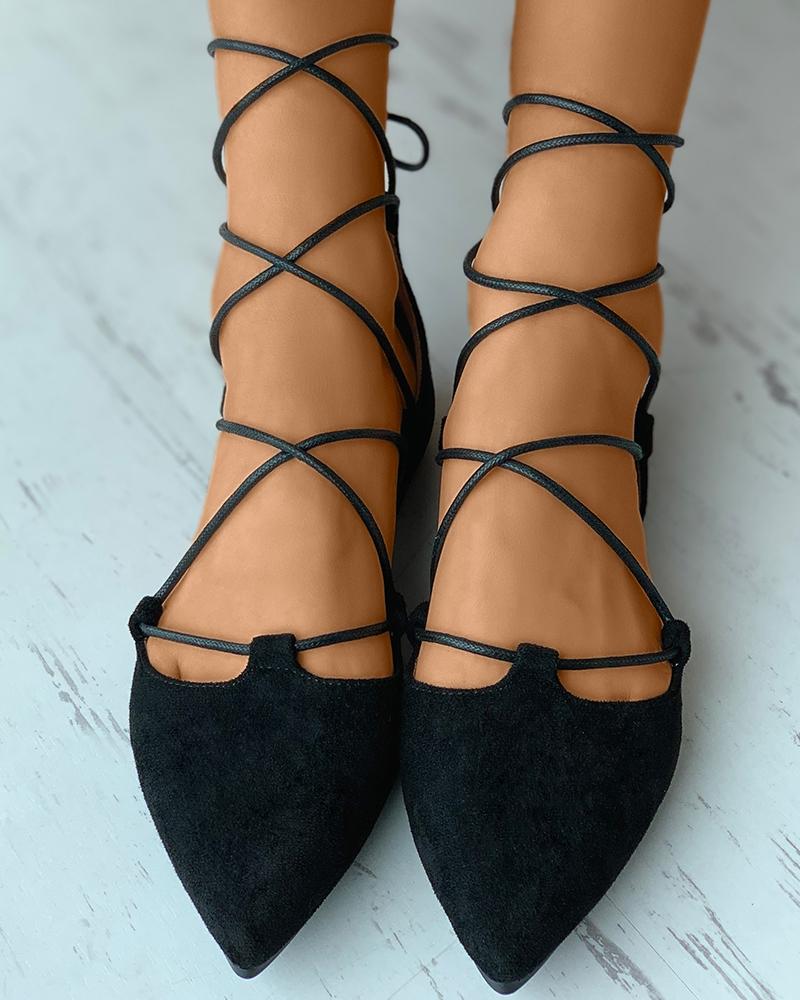 

Pointed Toe Suede Strappy Slip-On Flats, Black