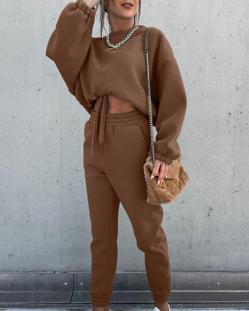 

O Neck Long Sleeve Drawstring Top & High Waist Pants Set, Brown