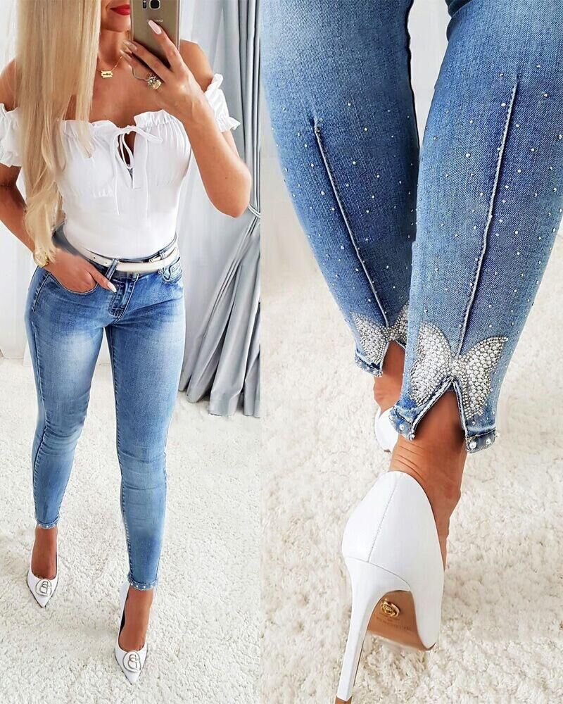 

Rhinestone Beaded Butterfly Pattern Split Hem Jeans, Blue