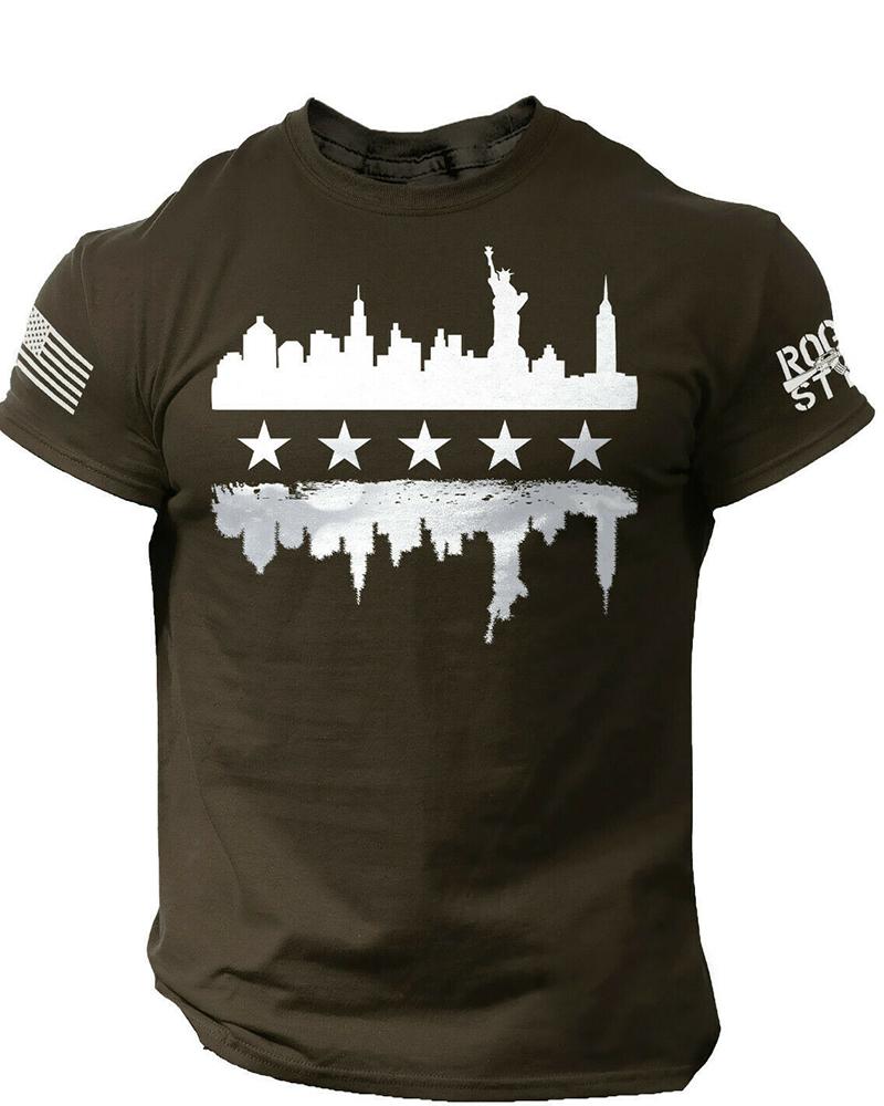 

National Flag & Five Star Print Short Sleeve T-shirt, Coffee