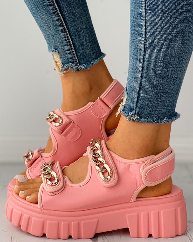 

Velcro Chain Decor Platform Sandals, Pink