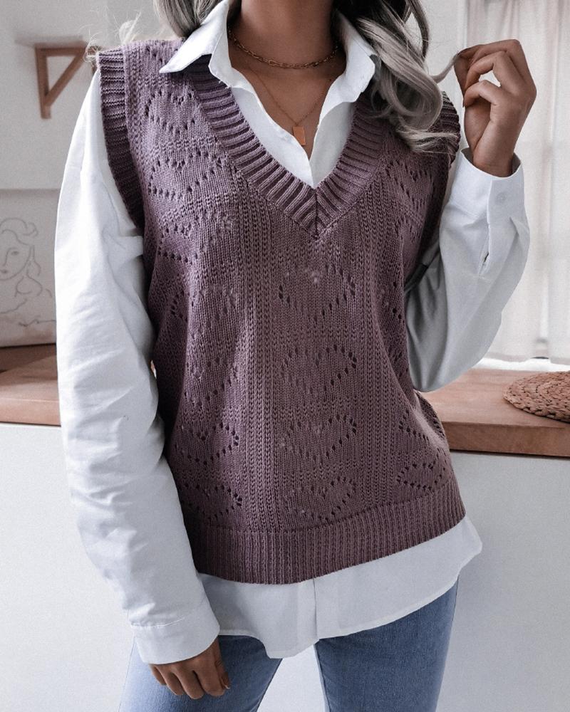 

Heart Shaped Hollow Out V-Neck Knit Sweater Vest, Purple
