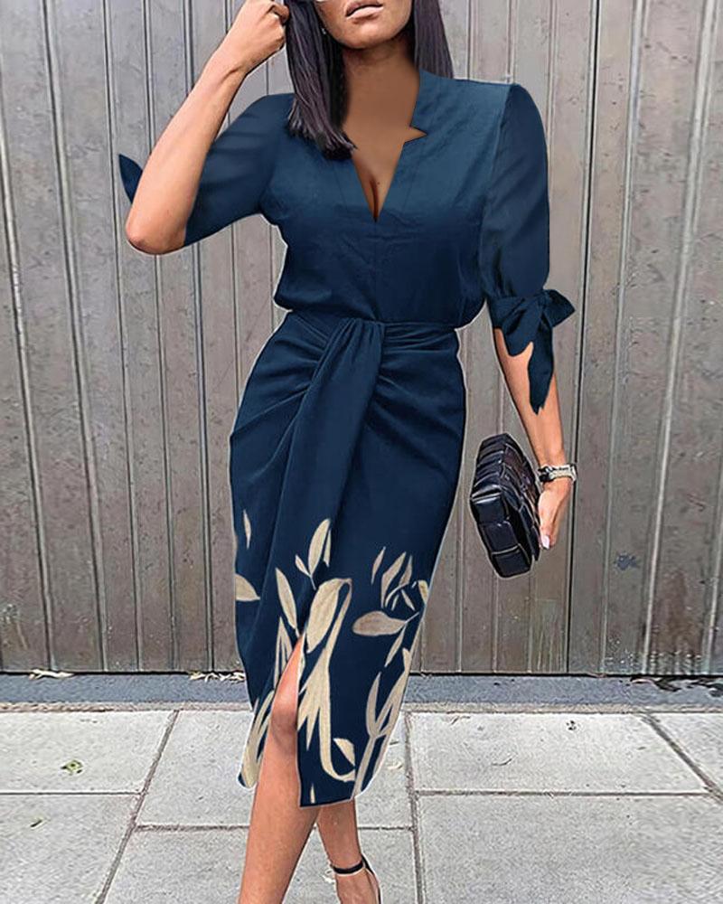 

Leaf Print Half Sleeve Tied Detail Work Dress, Blue