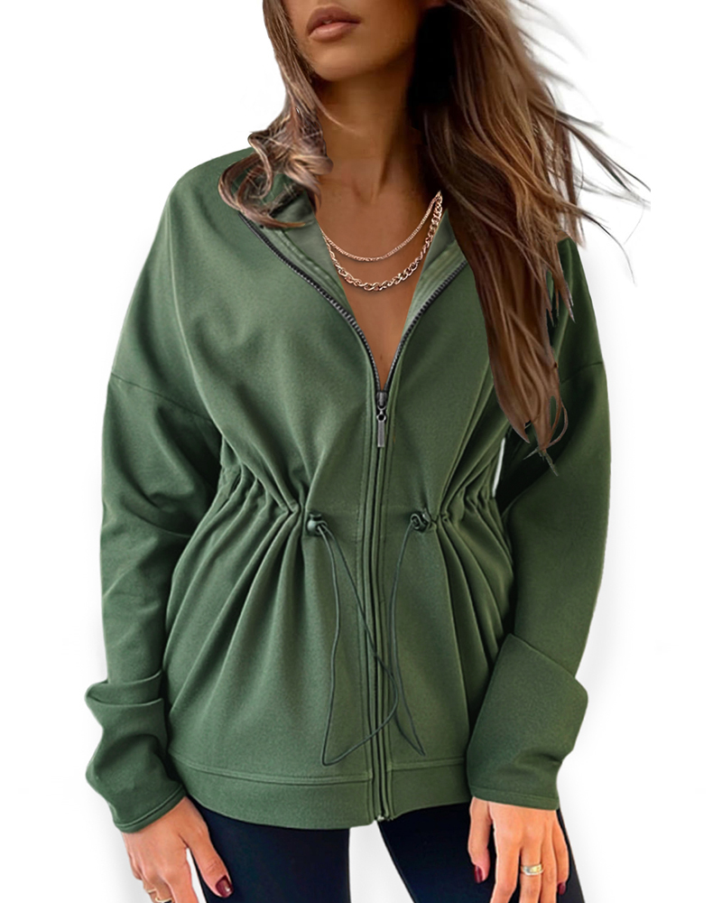 

Chaqueta tipo cárdigan informal de manga larga con capucha y cordón en la cintura, corte holgado y bolsillos, Army green