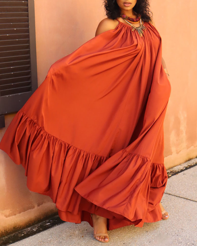

Ruched Ruffles Tied Detail Cutout Back Casual Maxi Dress, Brown