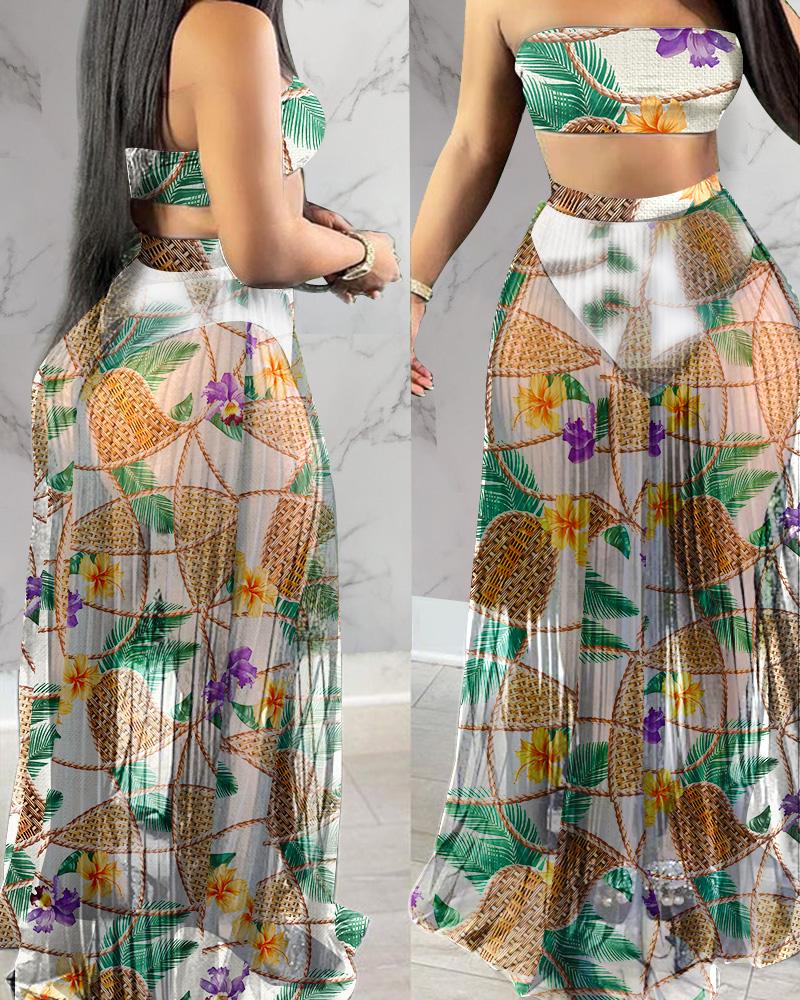 

Floral Print Off Shoulder Tube See-through Sheer Mesh Maxi Dress, Multicolor