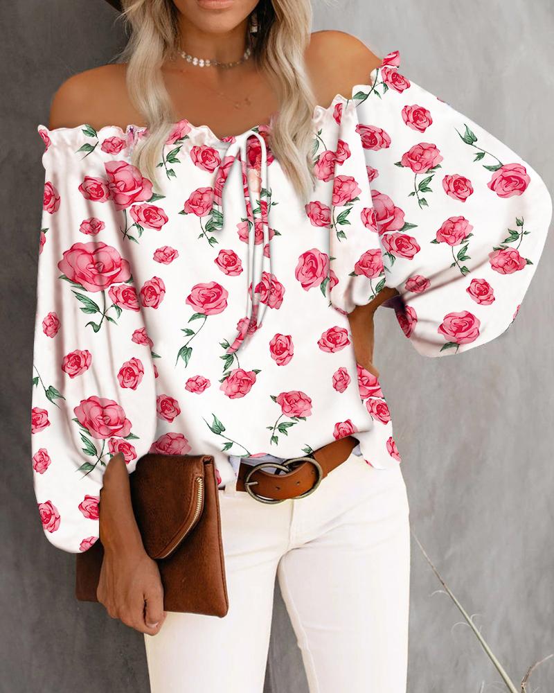 

Off Shoulder Frill Hem Floral Print Top, White