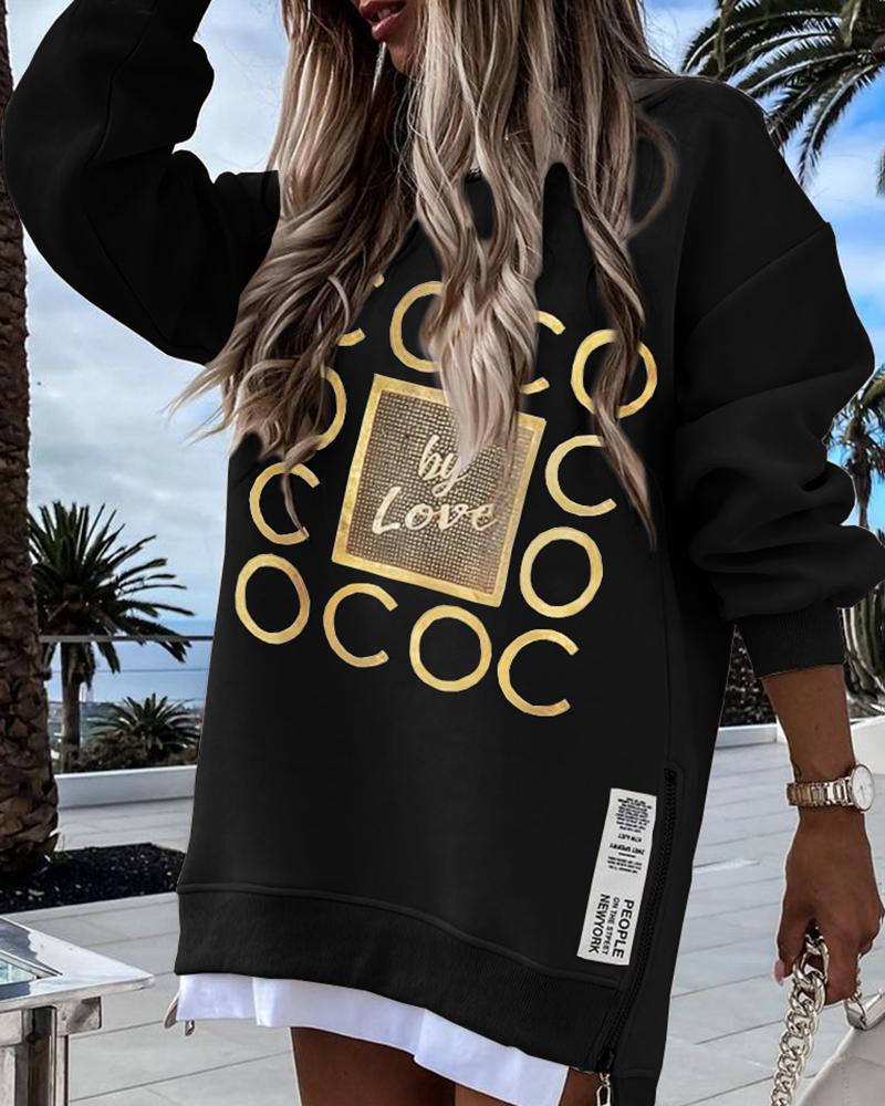 

Letter Print Zipper Design Long Sleeve Sweatshirt Dress, Black