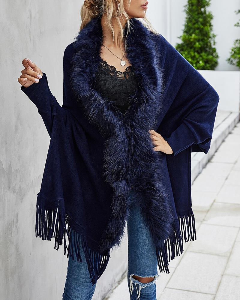 

Open Front Tassel Design Fur Collar Cape Coat, Blue