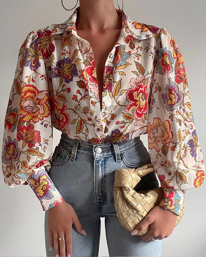 

Floral Print Lantern Sleeve Button Down Shirt, Multicolor