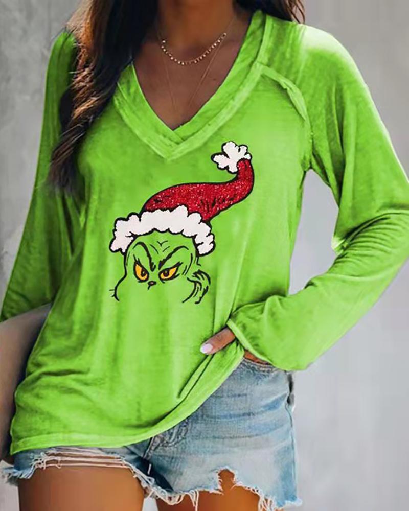 

Christmas Grinches Print Long Sleeve Top, Green