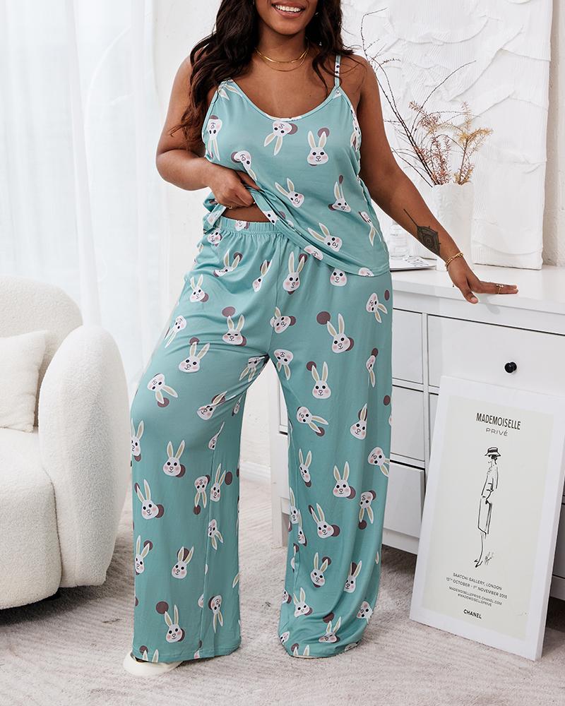 

Plus Size Rabbit Print Spaghetti Strap Wide Leg Cami Set, Green