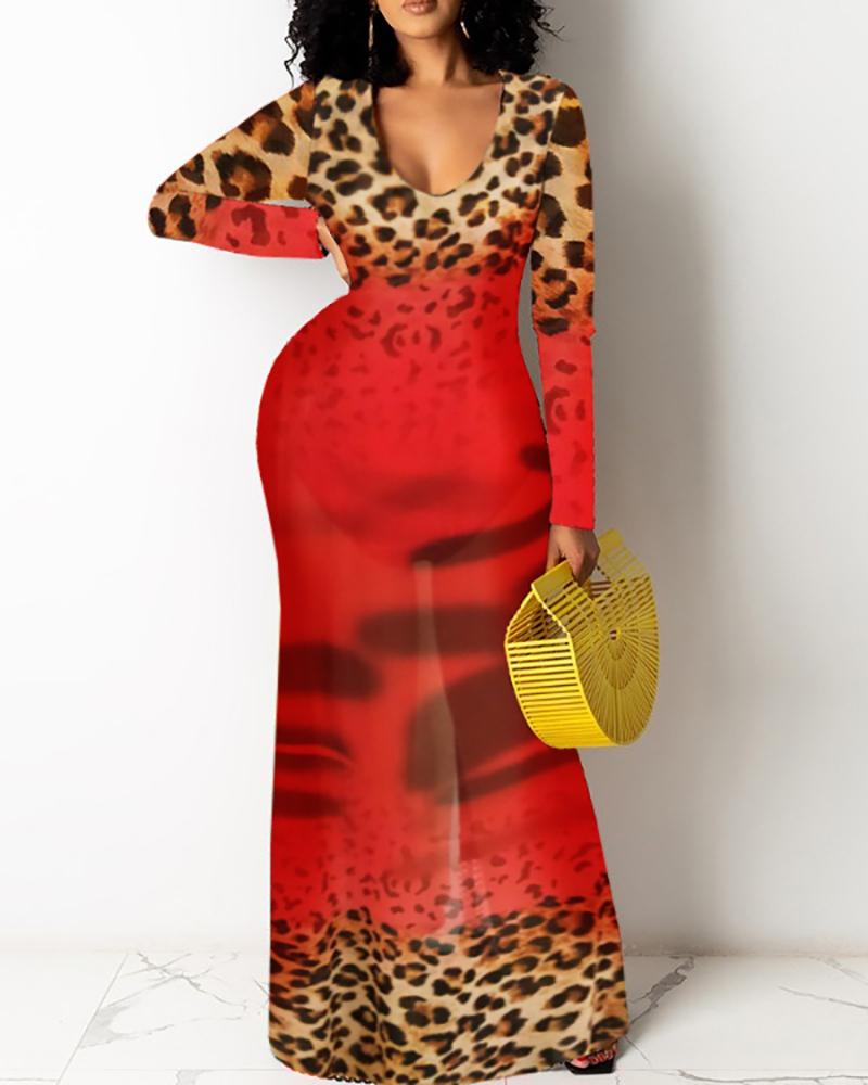 

Cheetah Print Colorblock Long Sleeve Maxi Dress, Red