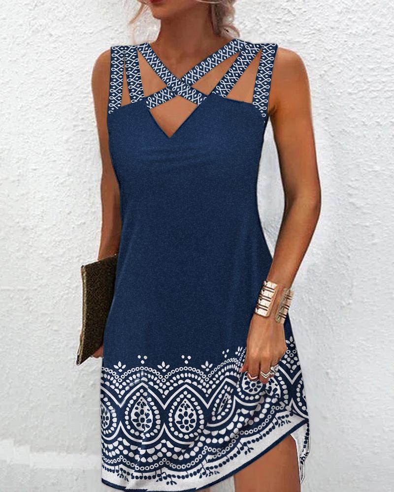 

Tribal Print Crisscross Design Casual Dress, Blue