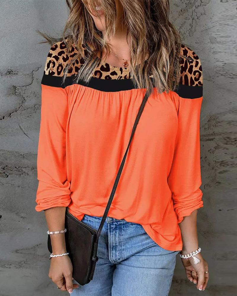 

Leopard Print Long Sleeve Casual Top, Orange