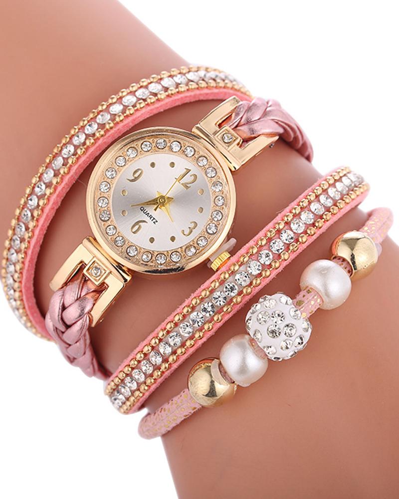 

1pc Rhinestone Decor Bangle Quartz Watch, Pink