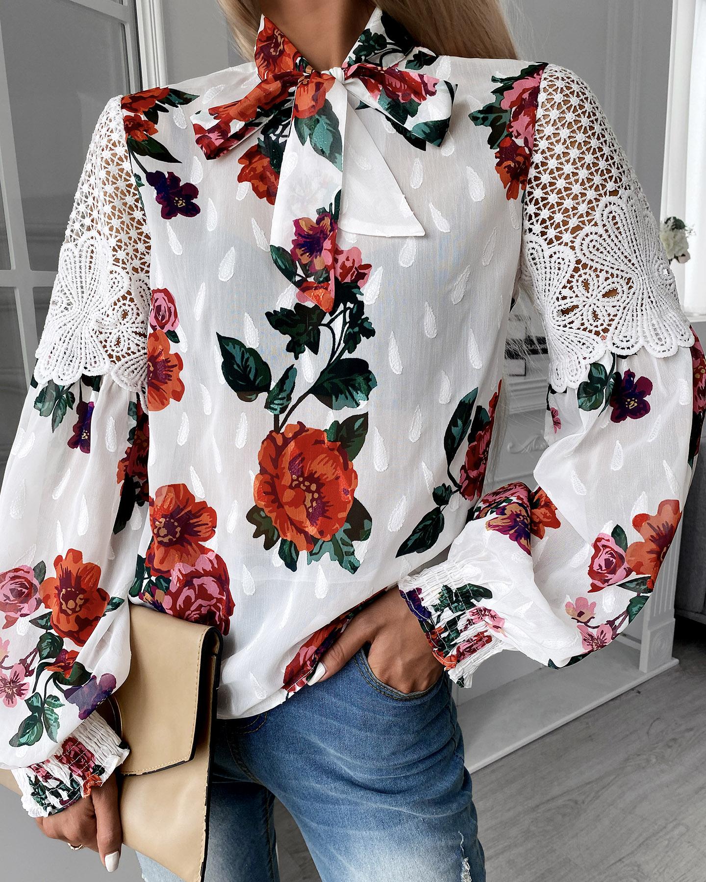 

Guipure Lace Patch Floral Print Lantern Sleeve Top, White