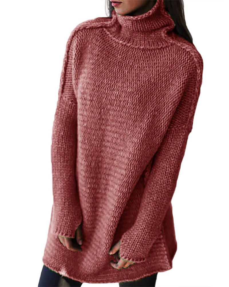 

High Neck Long Sleeve Casual Sweater, Red